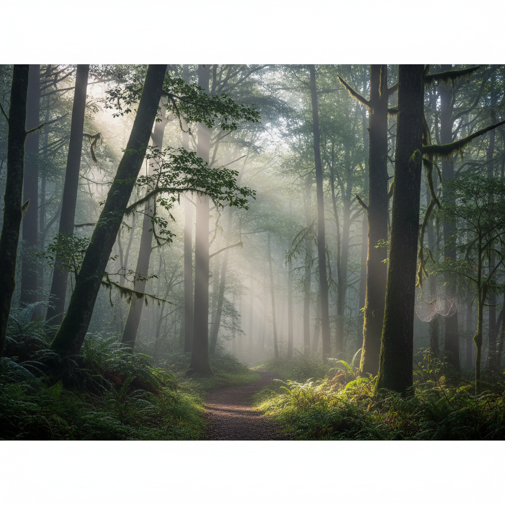 Bosque denso con niebla matutina