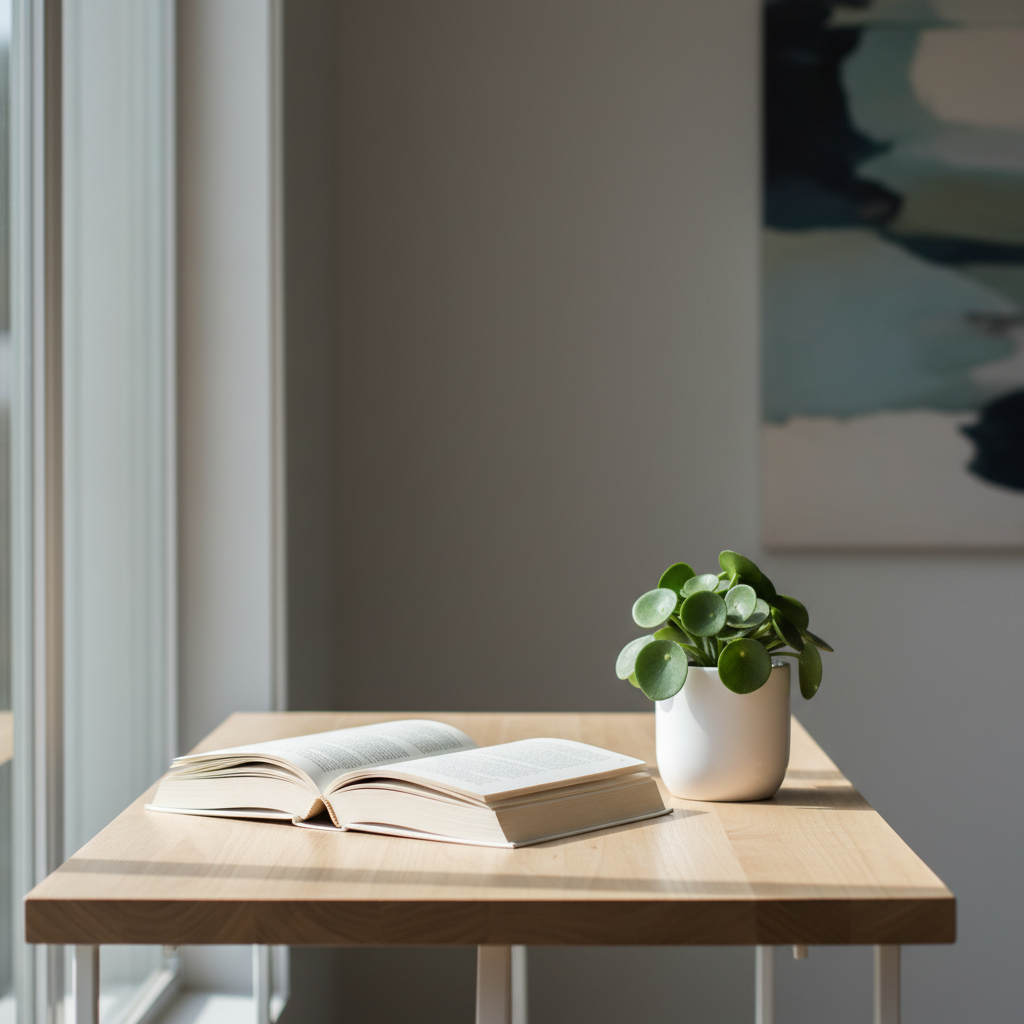 Escritorio minimalista con un libro abierto y una planta pequeña bajo luz natural