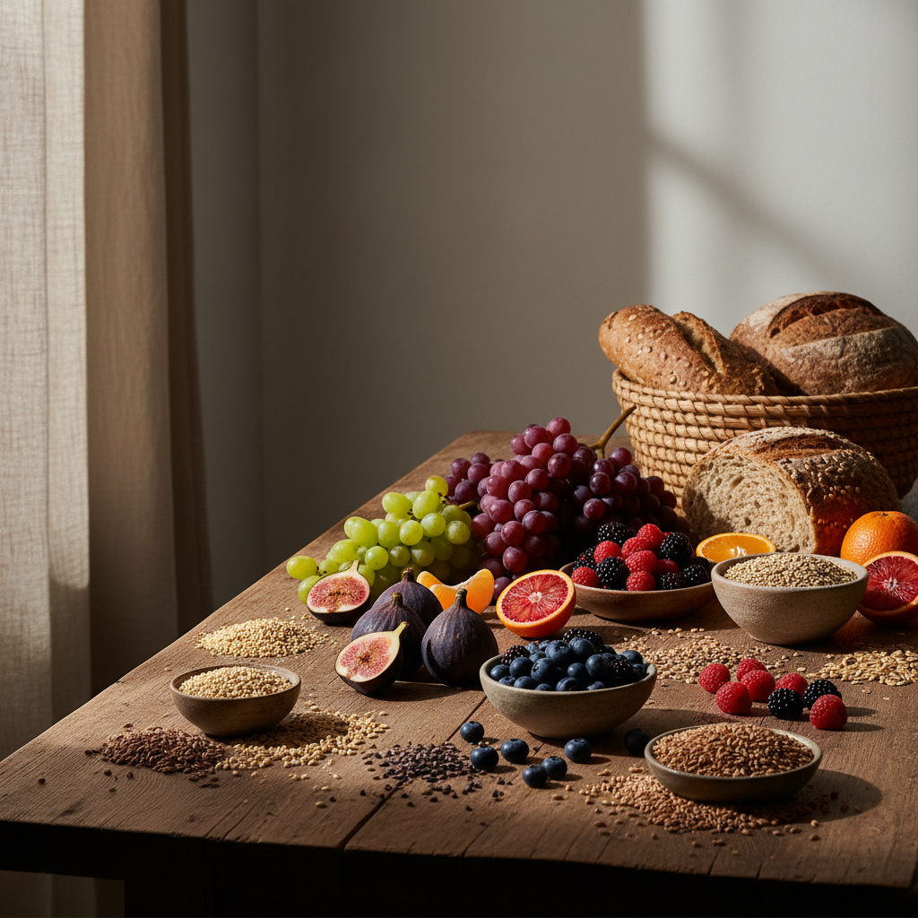 Bodegón de frutas y granos integrales con iluminación lateral profunda