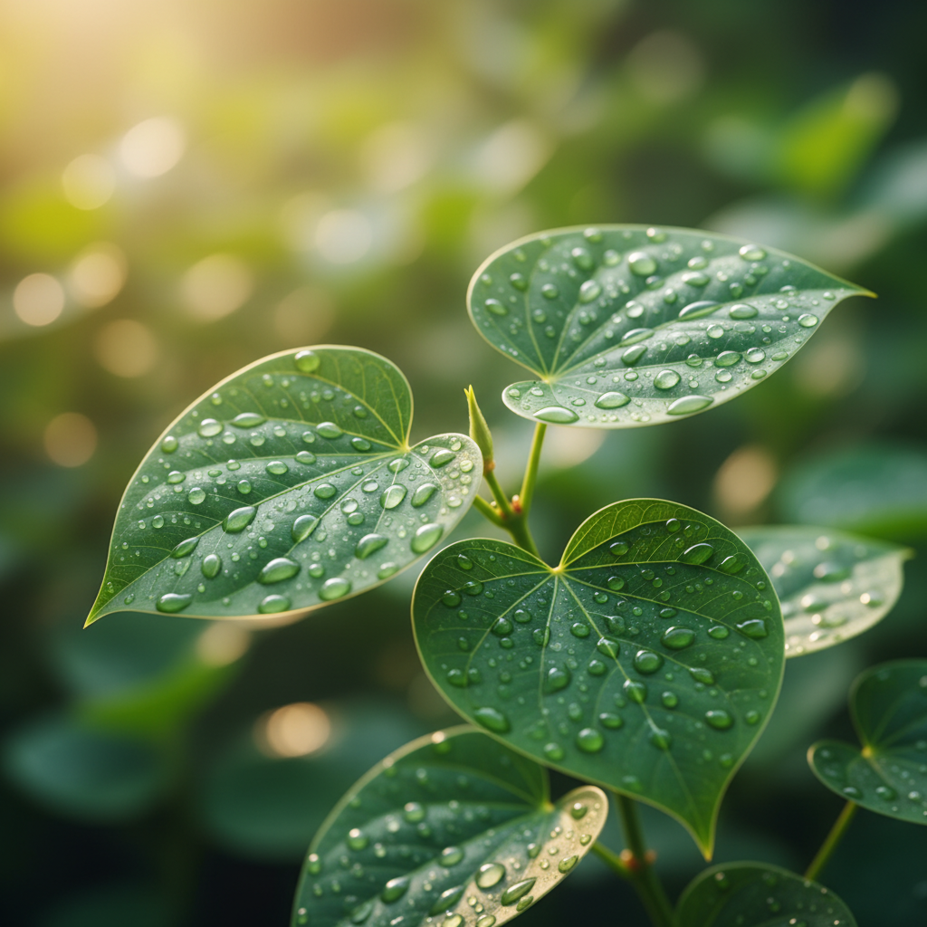 Hojas verdes con gotas de rocío enfatizando la frescura y la pureza natural